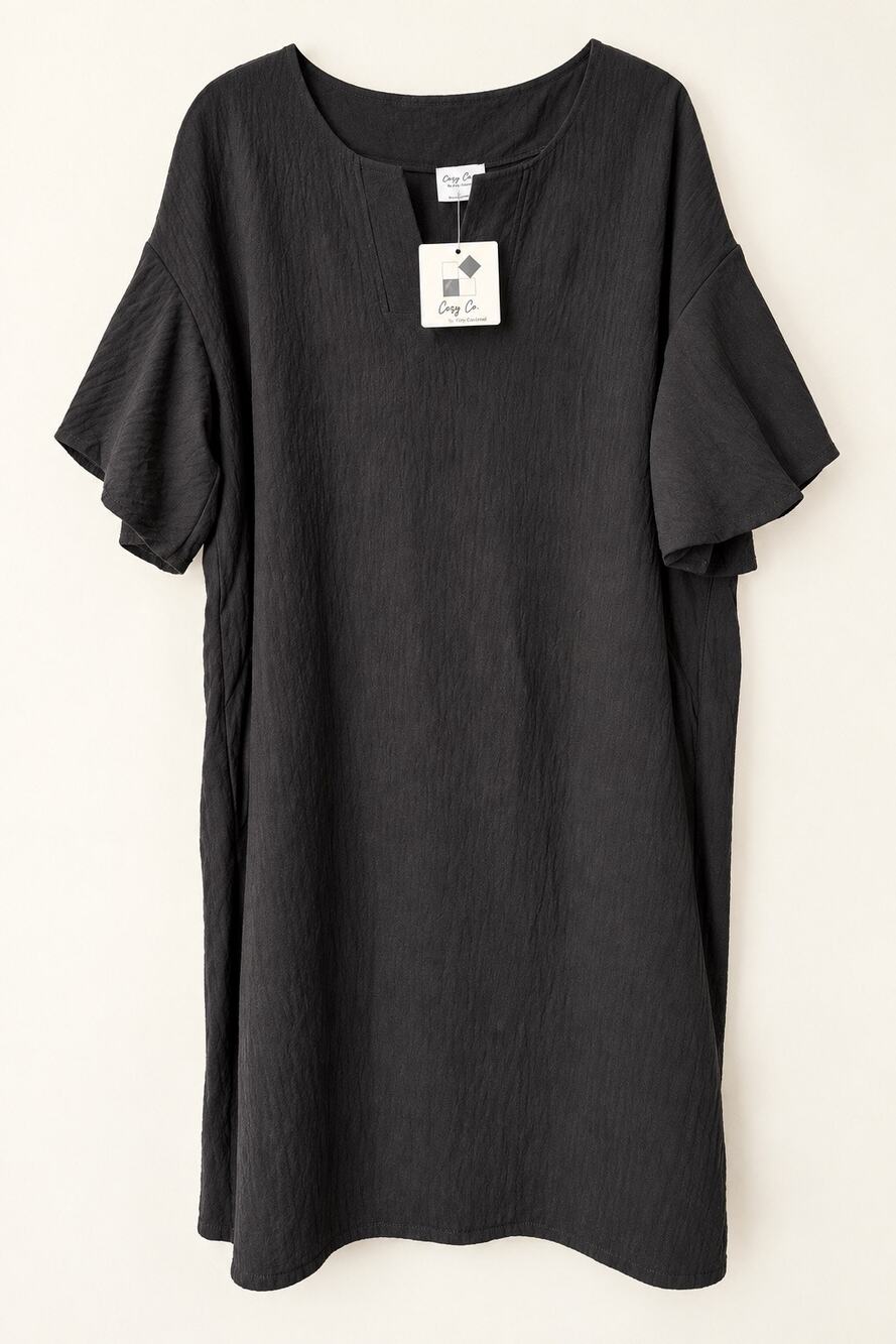 Cozy Co Black Midi Shift Dress L Flutter Sleeve Pockets NWOT Minimalist